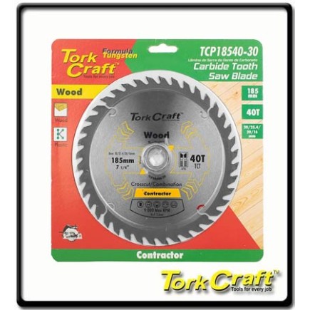 185 x 40T - Contractor Blade - 30/20/16/1 Circular Saw - TCT | Torkcraft 
